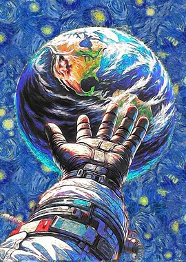 Astronaut Reaching for Earth, Starry Night