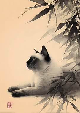 Siamese Cat with Bamboo Painting