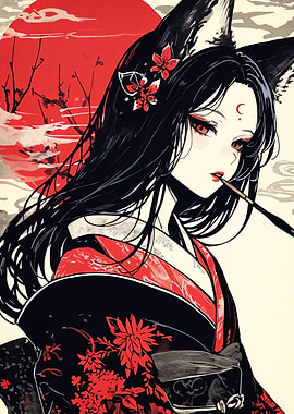 Fox Girl in Kimono with Pipe
