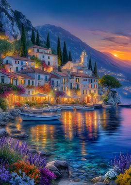 Coastal Village at Dusk