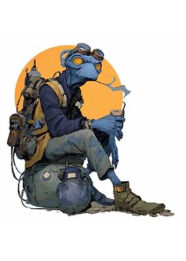 Blue Alien Traveler with Coffee