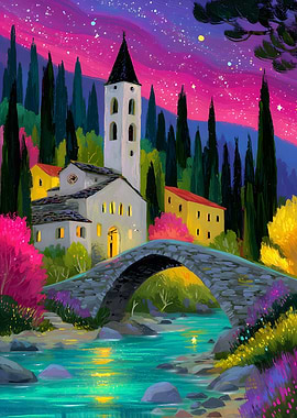 Colorful Village Landscape with Bridge