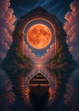 Boat Under Moonlit Archway