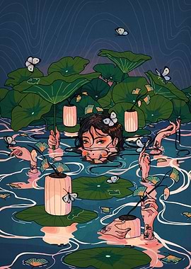 Serene Water Lily Pond Illustration