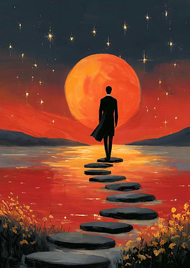 Man Walking on Stepping Stones to Moon