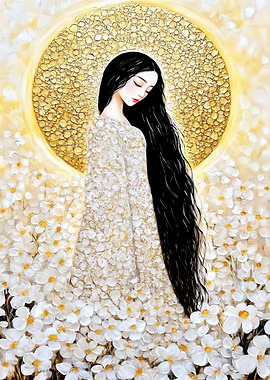 Woman in White Flowers with Golden Halo