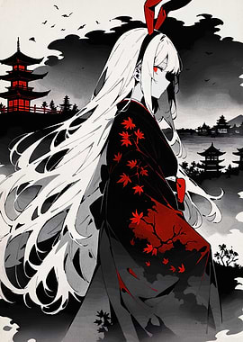 Anime Girl in Kimono with Bunny Ears