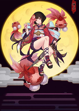 Kimono Girl with Goldfish and Moon