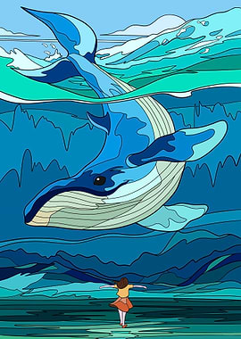 Whale and Girl in Ocean Art