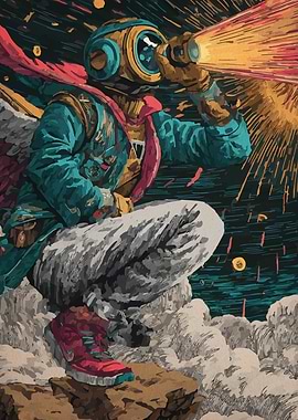 Steampunk Explorer with Telescope in Space