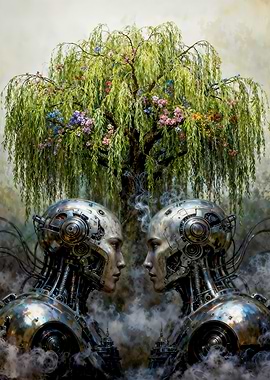 Robotic beings under a floral tree