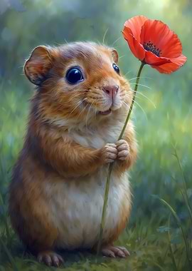 Little Hamster Holding Red Poppy Flower