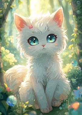 Cute White Cat in Forest