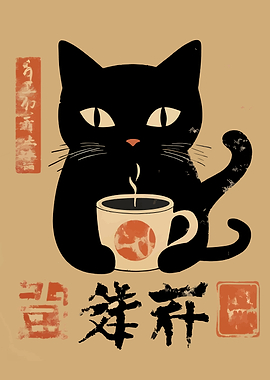 Black Cat with Coffee Cup Art