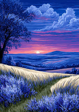 Blue Landscape with Lavender and Sunset