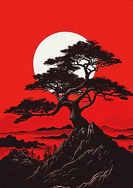 Bonsai Tree Silhouette with Red Sky