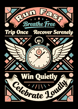 Retro Running Motivation Poster – Stopwatch with Wings & Inspiring Slogan