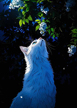 White Cat Gazing at Flowers