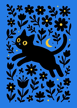 Black Cat Floral Illustration