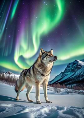 Wolf under the Northern Lights in Snow Nature