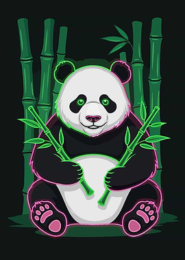 Neon Panda with Bamboo Illustration