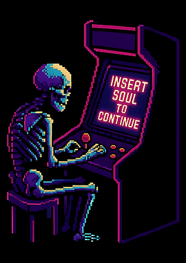 Skeleton playing arcade game pixel art