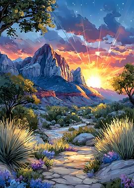 Mountain Landscape at Sunrise Painting