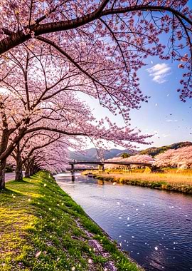 Cherry Blossoms River Landscape