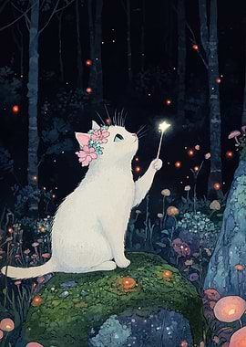 White Cat with Flower Crown in Forest