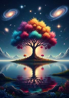 Colorful Tree Island Galaxy Reflection