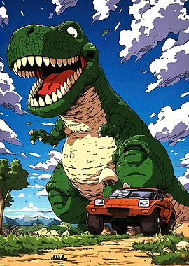 Cartoon Dinosaur with Car Landscape