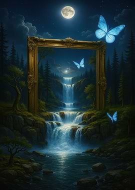 Waterfall framed by nature and butterflies