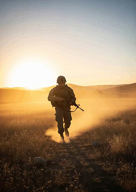 Soldier Running Sunset