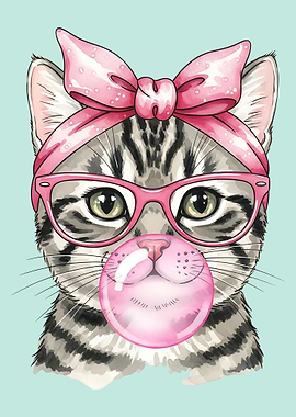 Cat with Bubble Gum and Glasses
