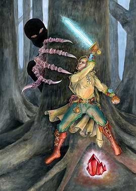 Fantasy Hero Battling Shadow Creature