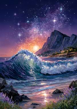 Ocean Waves Under Starry Night Sky