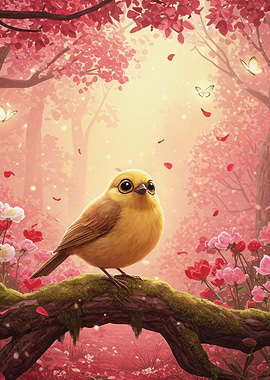 Cute Yellow Bird in Pink Forest