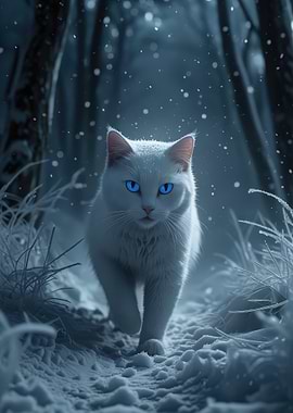 White Cat in Snowy Forest