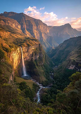 Gocta Falls Waterfall in Mountainous Landscape