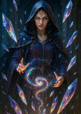 Hooded Sorceress with Magic and Crystals