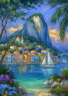 Coastal Town Painting with Sailboat and Mountain
