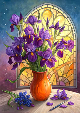 Purple Irises in Orange Vase Artistic Still Life Stained Glass