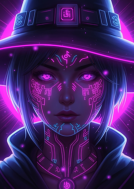 Cyberpunk Witch Portrait with Neon Glow