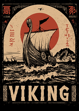 Viking Ship Illustration with Red Sun