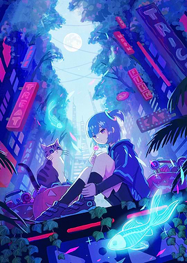 Anime Girl with Cat in Cityscape