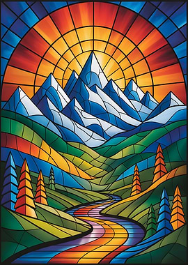 Stained Glass Masterpiece: A Vibrant Sunrise Over Mountains and River