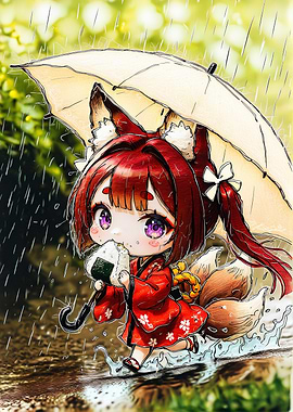 Chibi Fox Girl in Rain