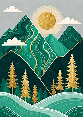 Abstract Emerald and Gold Mountain Landscape