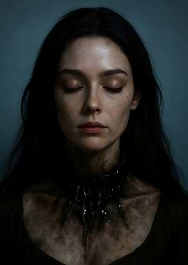 Woman with eyes closed, dark necklace