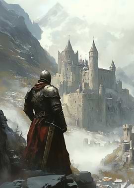 Knight overlooking a castle in the mountains